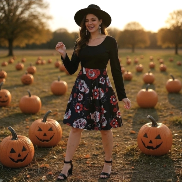 Sugar Skull Gothic Halloween Dress – Criss-Cross Back Long Sleeve Red Black | 2X - Picture 1 of 8